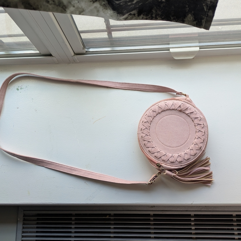 Round Crossbody Bag With Tassel- Light Pink/ Blush